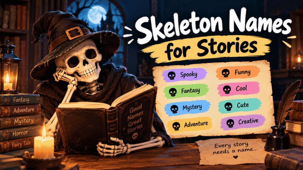 Skeleton names for stories featuring a spooky storyteller, fantasy books, and creative character name ideas.