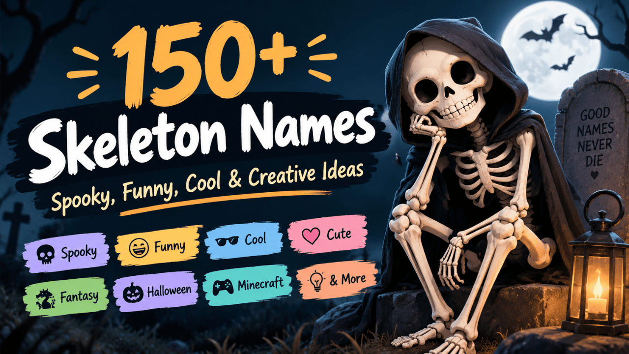 150+ skeleton names featuring spooky, funny, cool, cute, and creative ideas.