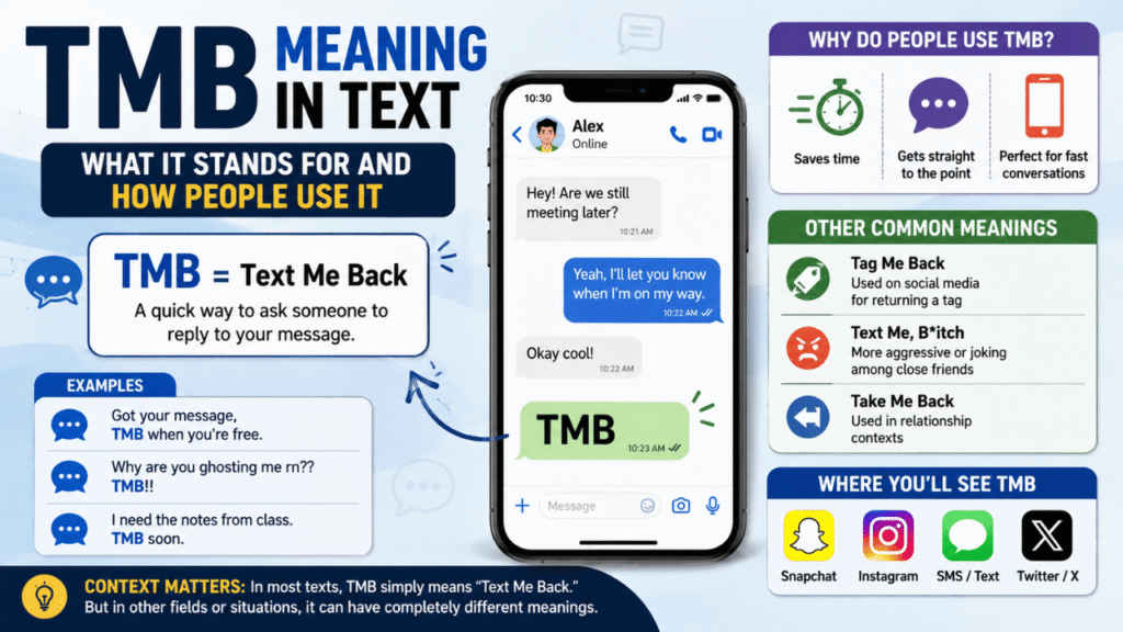 TMB meaning in text infographic showing ‘Text Me Back,’ common examples, alternate meanings, and social media uses.