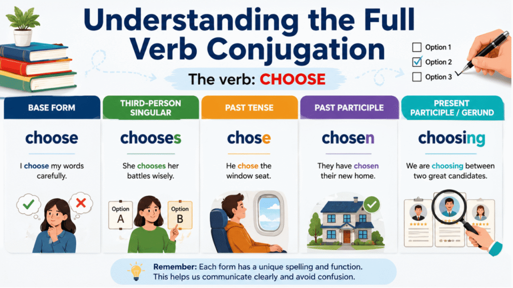 Understanding the full verb conjugation of “choose,” showing choose, chooses, chose, chosen, and choosing with examples.