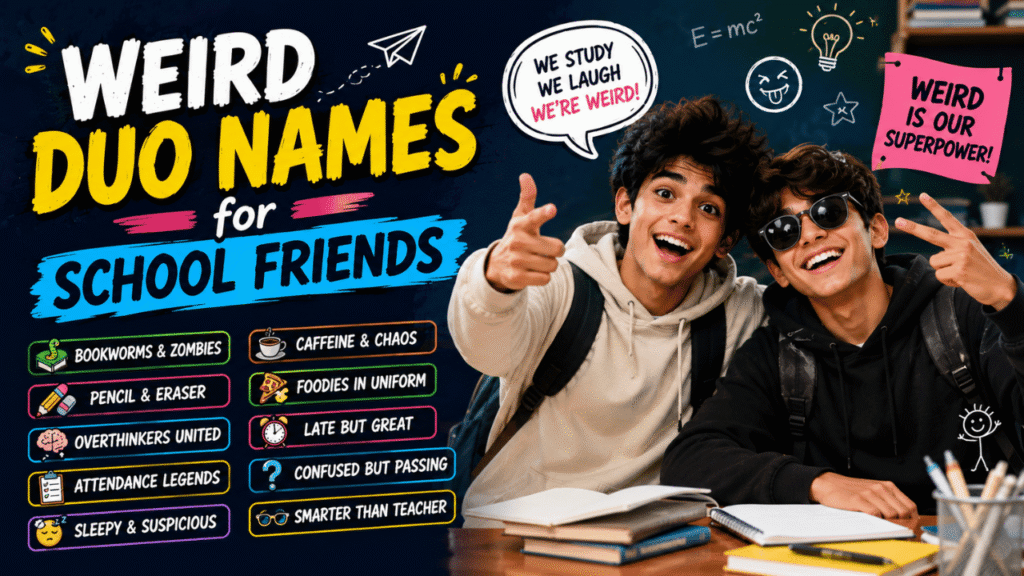 Two school friends posing with books and backpacks alongside creative weird duo name ideas and colorful classroom-themed graphics.
