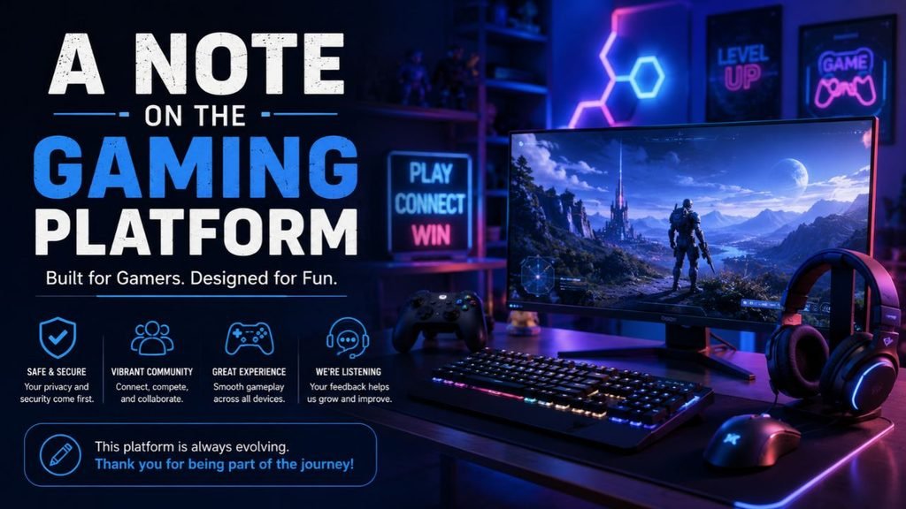 A note on the gaming platform featuring a neon-lit gaming setup with a monitor, RGB keyboard, controller, headset, and highlights on security, community, gameplay experience, and player feedback.