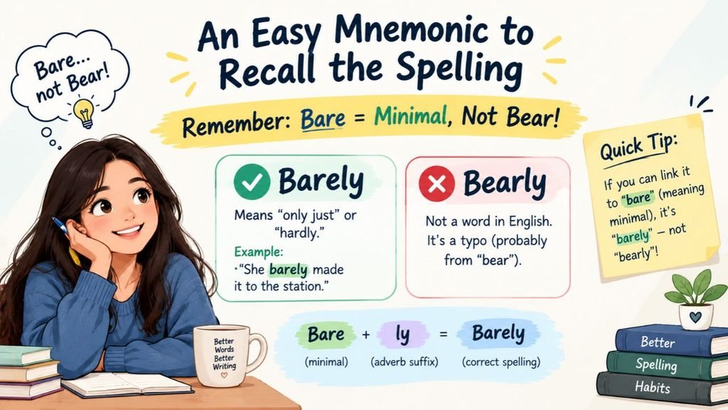 Easy mnemonic to remember the correct spelling of barely, explaining “bare” plus “ly,” with examples and a comparison showing why “bearly” is incorrect.
