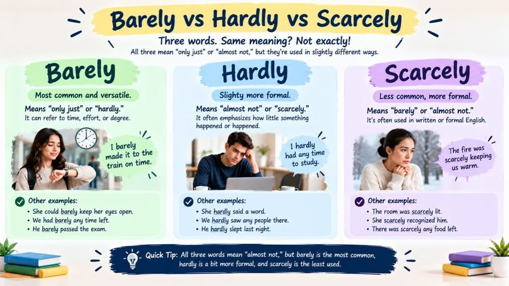 Barely vs hardly vs scarcely infographic comparing the meanings, differences, usage examples, and sentence structures of these three English adverbs.