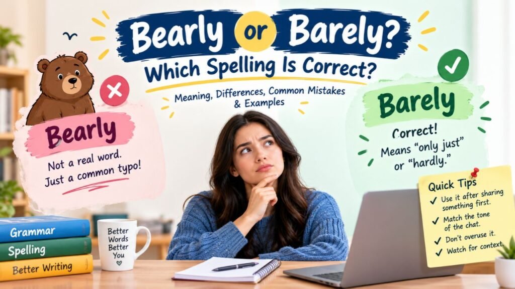 Bearly or Barely spelling guide infographic comparing the incorrect spelling “bearly” with the correct word “barely,” meaning “only just” or “hardly,” with spelling tips and examples.
