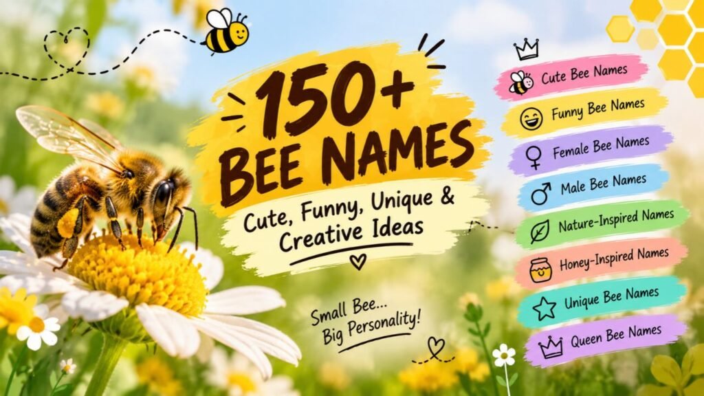 150+ bee names feature image showing a honeybee on a daisy with cute, funny, unique, nature-inspired, honey-inspired, and queen bee name categories.