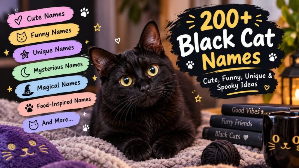 200+ black cat names feature image showing a cute black cat with colorful categories for cute, funny, unique, mysterious, magical, and spooky names.