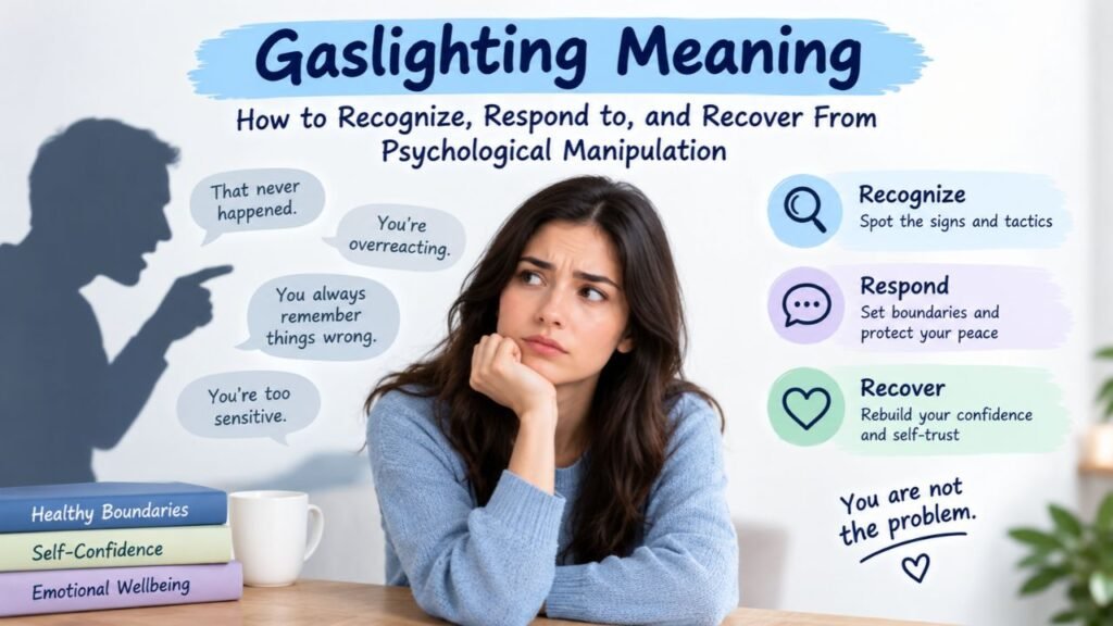 Gaslighting meaning explained through an illustration showing psychological manipulation, common gaslighting phrases, warning signs, healthy boundaries, and steps to recognize, respond to, and recover from gaslighting.