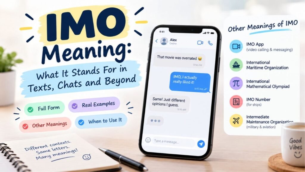 IMO meaning explained with text message examples, the full form of IMO, and its alternative meanings in online chats and communication.
