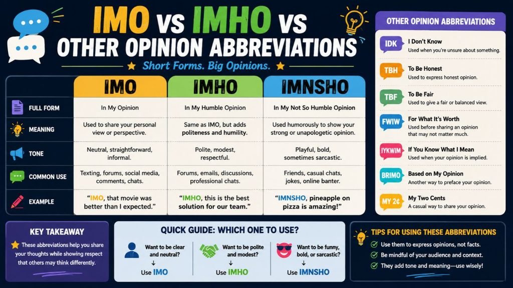 IMO vs IMHO vs other opinion abbreviations infographic comparing meanings, tones, examples, and usage of IMO, IMHO, and IMNSHO, with related abbreviations such as TBH, FWIW, TBF, and IDK.
