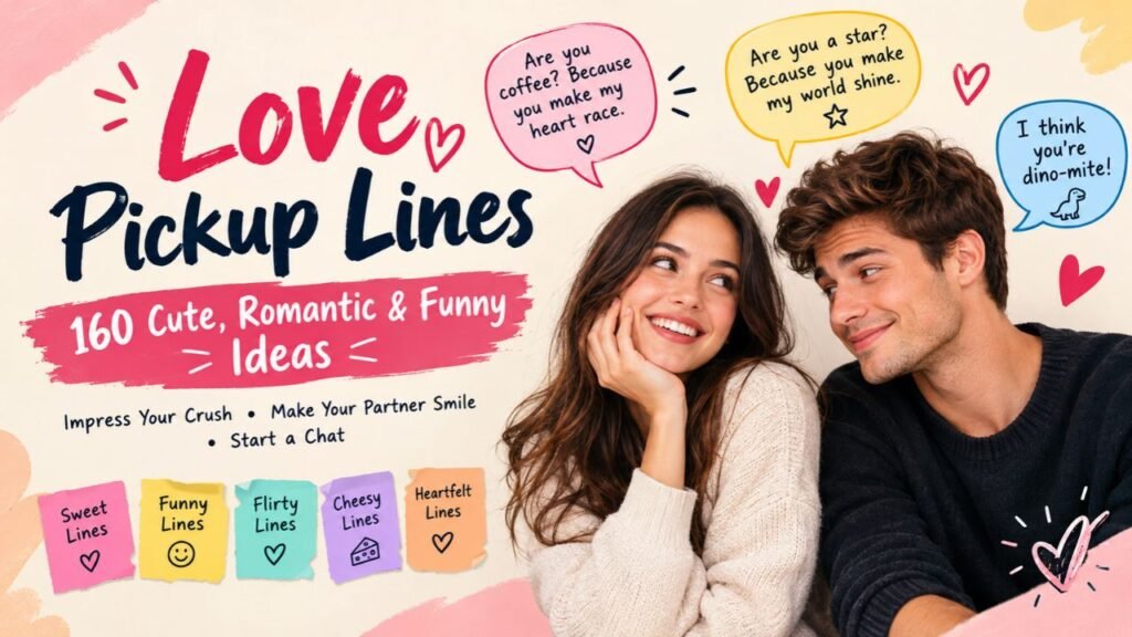 Love pickup lines featuring 160 cute, romantic, funny, and flirty ideas to impress your crush and make your partner smile.