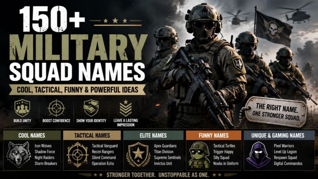 150+ military squad names infographic featuring armed soldiers, tactical team visuals, and cool, tactical, elite, funny, unique, and gaming-inspired squad name ideas.