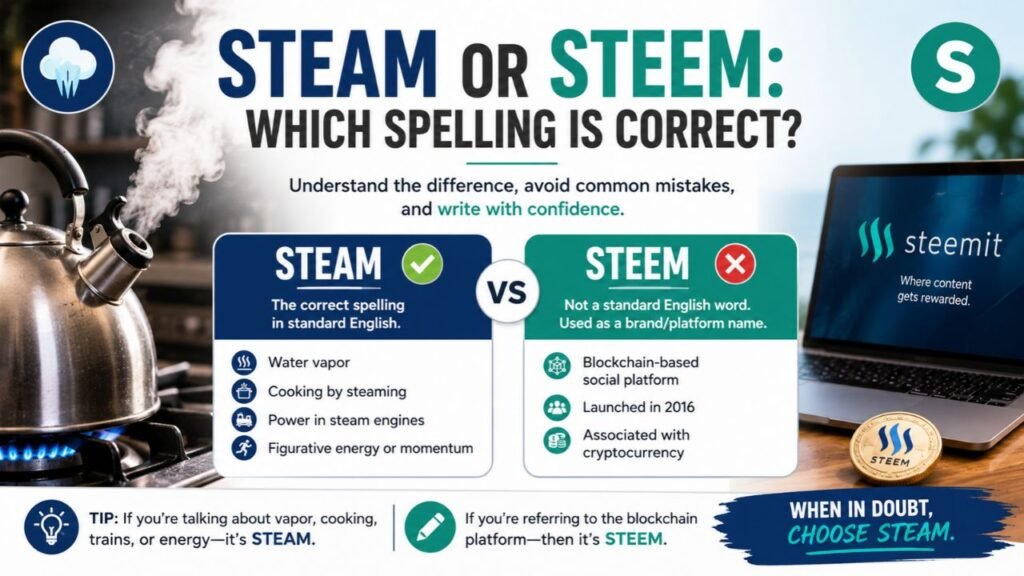 Steam or Steem spelling comparison infographic showing the correct spelling “steam” for water vapor, cooking, engines, and energy, and “Steem” as a blockchain platform and cryptocurrency name.