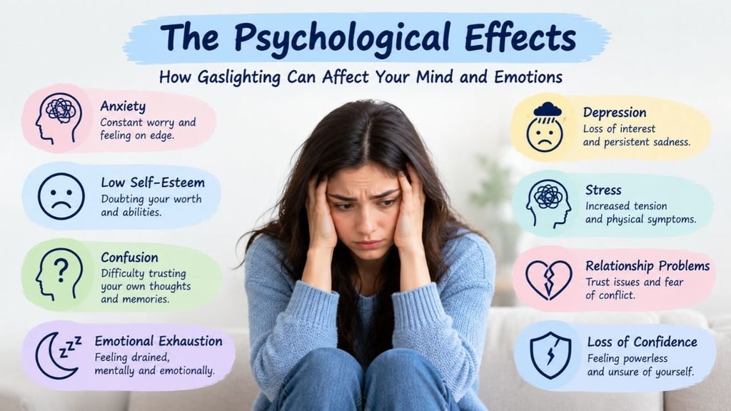 The psychological effects of gaslighting, including anxiety, low self-esteem, confusion, emotional exhaustion, depression, stress, relationship problems, and loss of confidence.