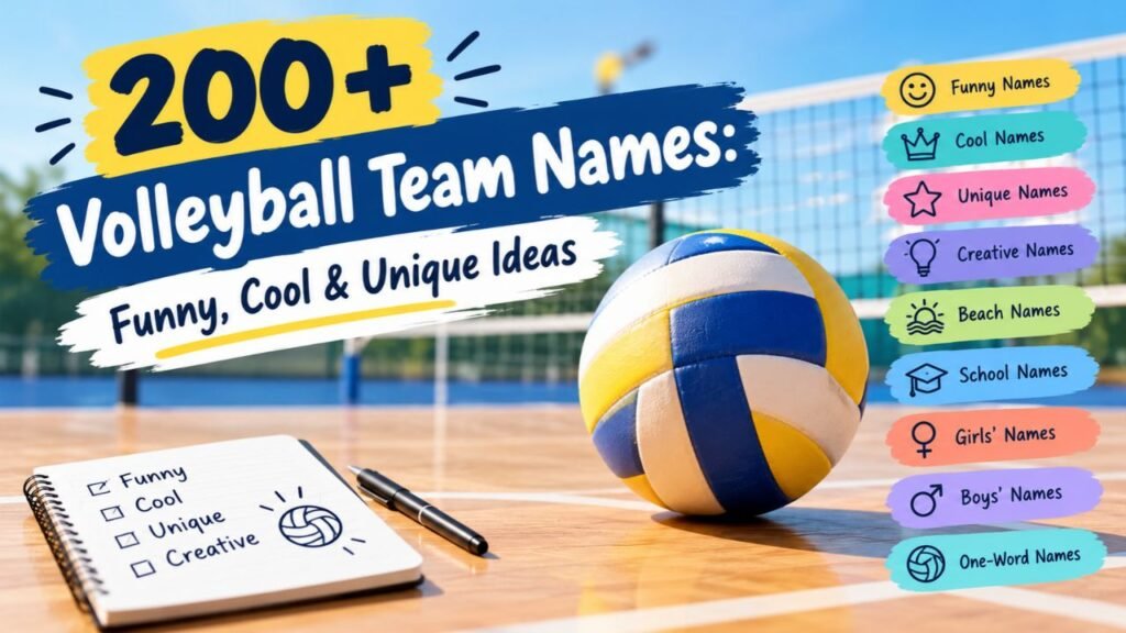 200+ volleyball team names featuring funny, cool, unique, creative, beach, school, girls’, boys’, and one-word ideas.