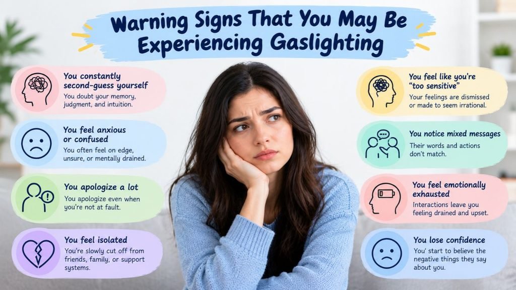Warning signs that you may be experiencing gaslighting, including self-doubt, anxiety, frequent apologizing, isolation, emotional exhaustion, mixed messages, and loss of confidence.