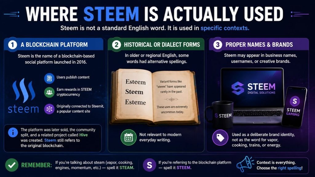 Where Steem is actually used infographic showing Steem as a blockchain platform, rare historical or dialect spelling, and a proper name or brand, with a comparison explaining when to use “steam” versus “Steem.”