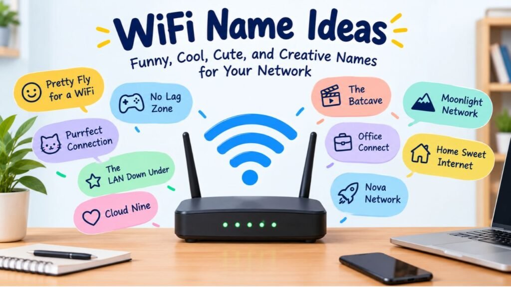 WiFi name ideas infographic featuring funny, cool, cute, and creative network names, including Pretty Fly for a WiFi, No Lag Zone, Purrfect Connection, and Home Sweet Internet.
